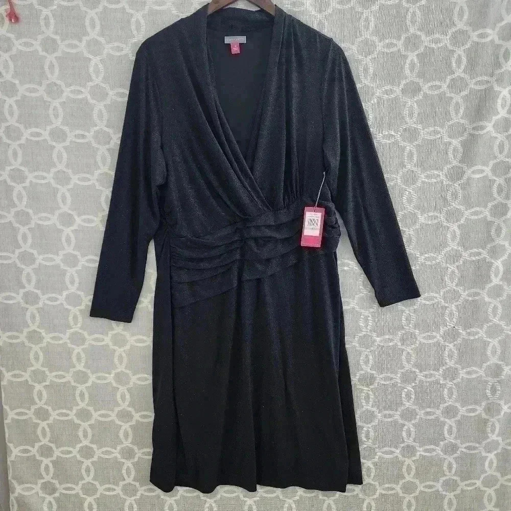Camuto Sheath Dress Size 1x Wrap Long Sleeve Black Silver Sparkling